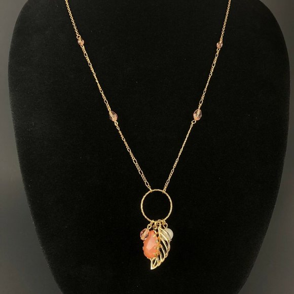 LC Lauren Conrad Gold Tone Necklace Glass Pendant Pink Teardrop Long Chain - Picture 2 of 4